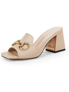 Women's Nude Mules Single Band Comfort Slip-on Shoes Metal Chain Chunky Heel